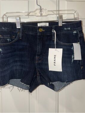 FRAME Le Cutoff Denim Shorts Covant Blue Fray Hem Dark Wash Womens 27 NWT $168